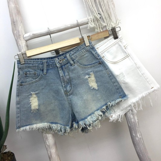 蓝色高腰复古毛边短裤